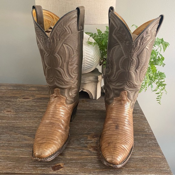 Vtg Justin Lizard Western Cowboy Boots Mens 9 D Brown Tan - Picture 2 of 15